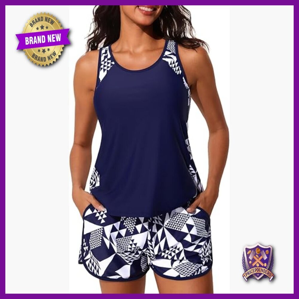 Plus Size Tankini Set with Pockets Tummy Control UPF 30 Swimwear